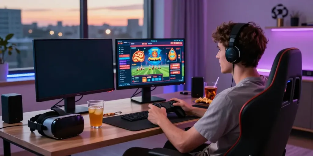 Intensely focused man playing on man88 online gaming platform with vibrant visuals.