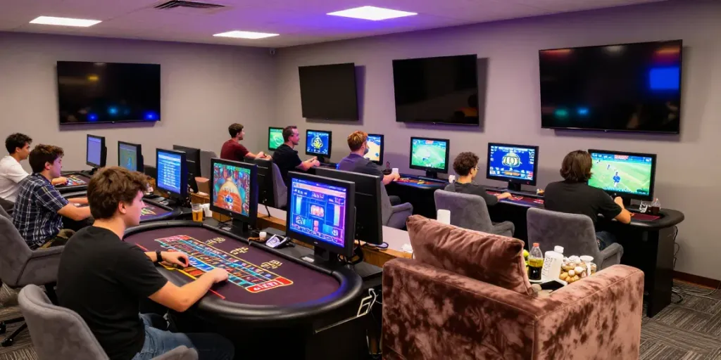 Engaging online gaming experience at https://sky88tg.com/ with players enjoying casino games in a vibrant lounge.