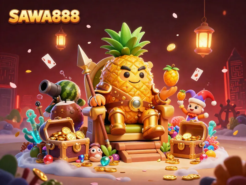 Engage with SAWA888 at the vibrant beach casino featuring the pineapple king and treasure elements.