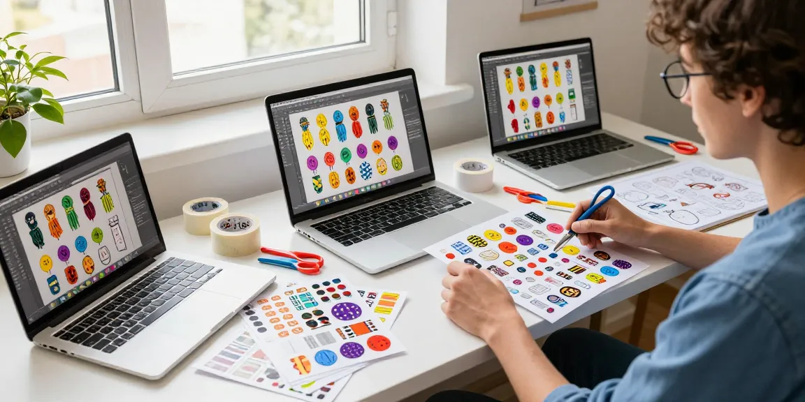 Creative workspace designing custom stickers with colorful materials and tools