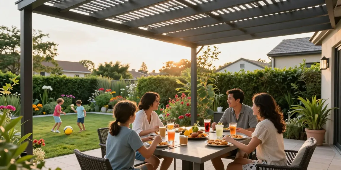 Terrassenüberdachung aus Aluminium mit Familie und Snacks auf der Terrasse in grünem Garten.