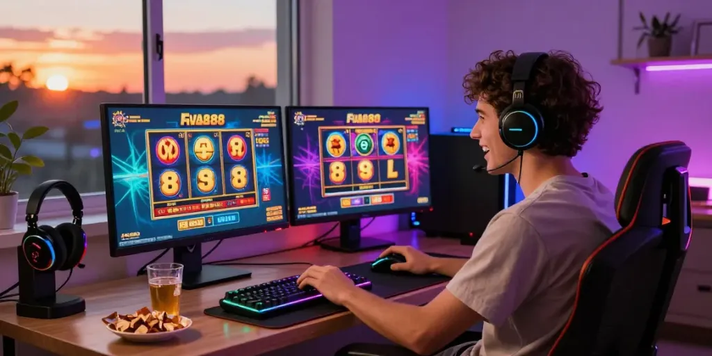 Enjoying slot88 games in a colorful home gaming setup with vibrant atmosphere.