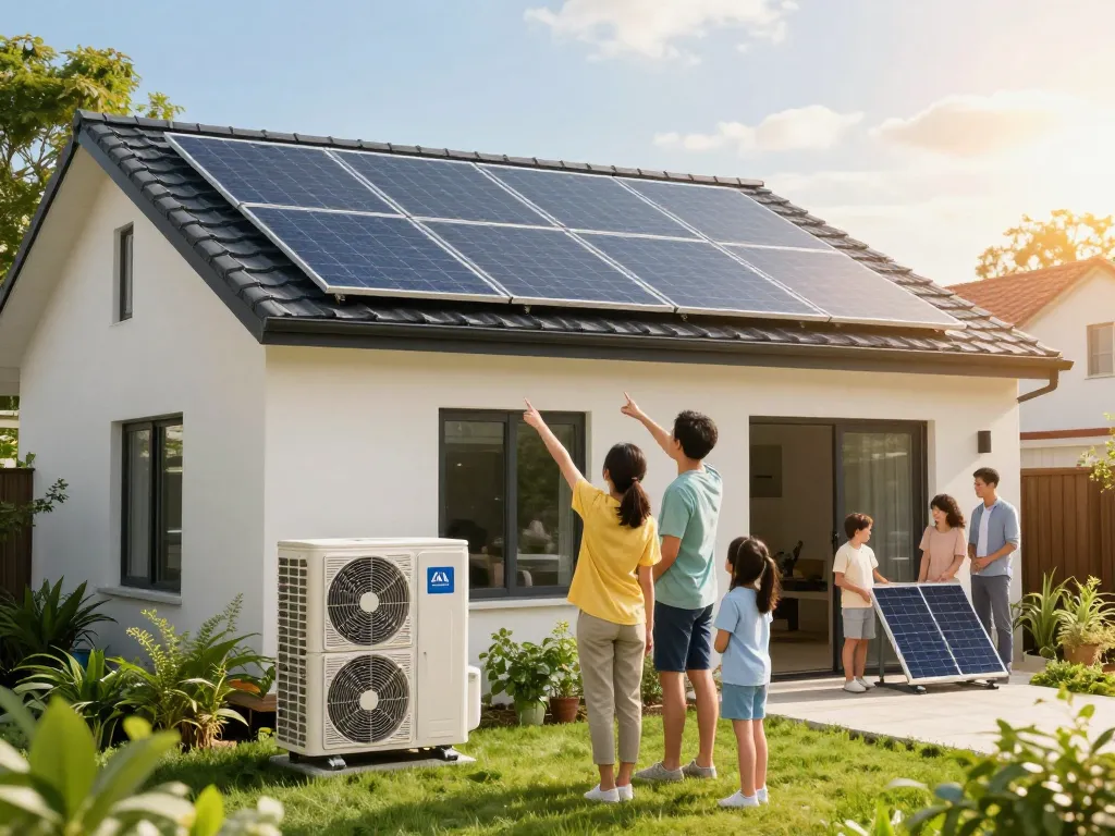 Photovoltaik Bayern Zuhause mit Solarpanels und Wärmepumpe, zeigt Familie, die über Nachhaltigkeit diskutiert.