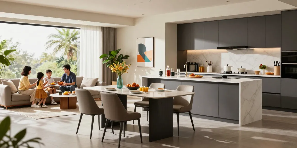 Familie genießt Mahlzeiten in einem modernen Wohnzimmer und hebt stilvolle Möbel für Möbel direkt bestellen hervor.