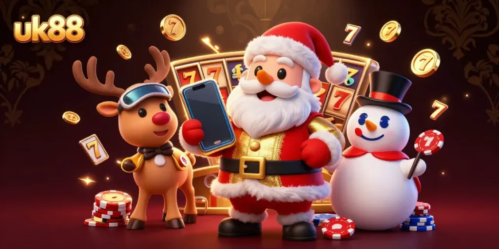 Experience exciting jackpots at uk88 with Santa and his companions in a vibrant casino setting.