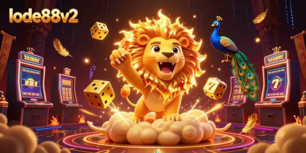 Experience the thrilling atmosphere of lode88v2 as a majestic lion roars among slot machines bursting with colors.