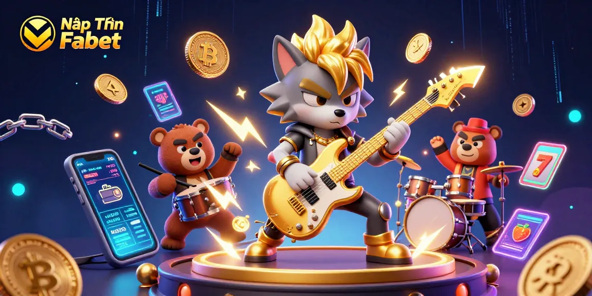 Nạp Tiền Fabet: Vibrant illustration of a rock star wolf and drummer bear performing on stage, surrounded by casino elements.