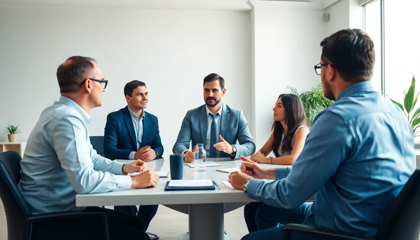 Headhunter Ingenieure umgeben von Ingenieuren in einem modernen Büro mit Fokus auf Zusammenarbeit.