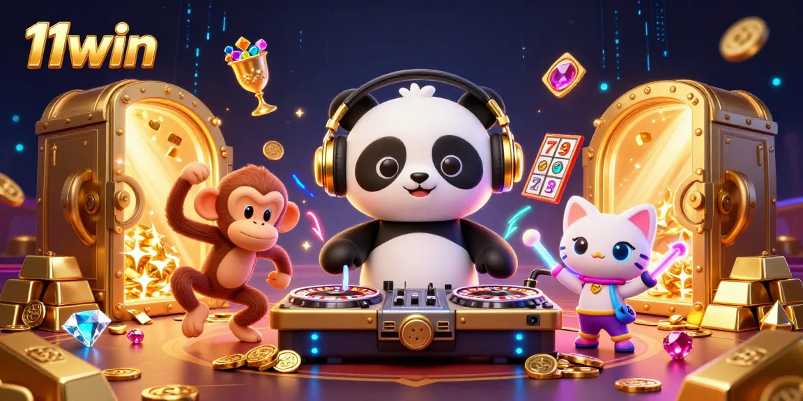 Join the fun at 11win with an electrifying DJ panda, vibrant characters, and casino treasures!