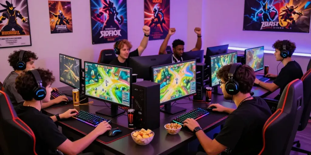 Group strategizing in an online gaming session at rokok88, showcasing vibrant gaming setups and collaboration.