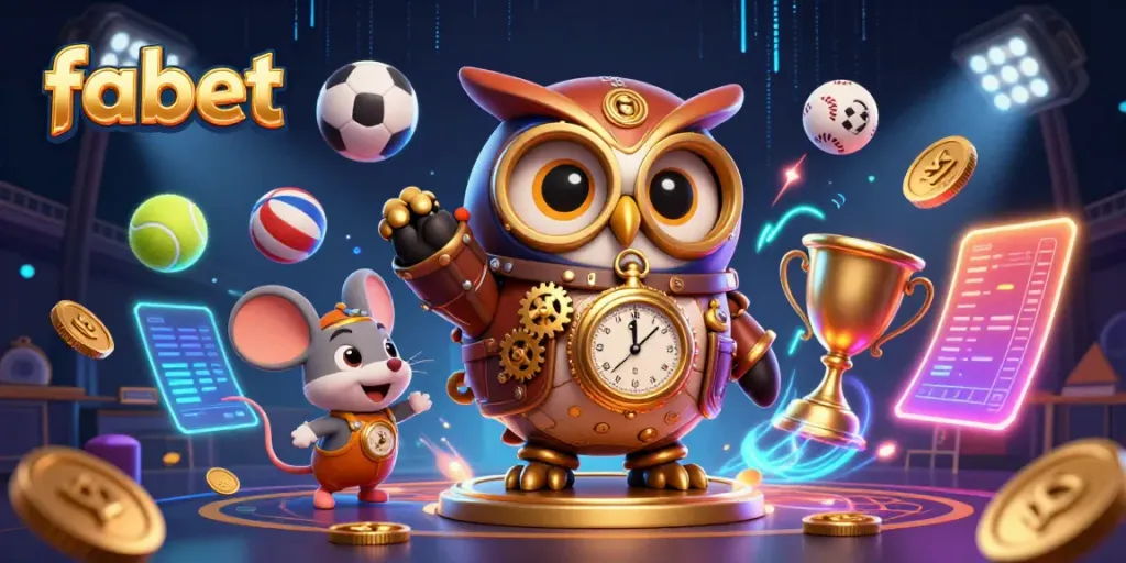 Engage in dynamic gaming action with fabet featuring a steampunk owl and sports elements.