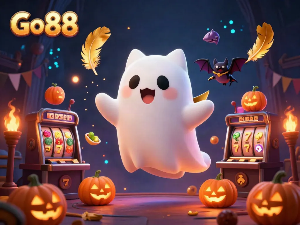 Engage with the excitement of Go 88 in a vibrant haunted casino featuring a ghost cat and bat.