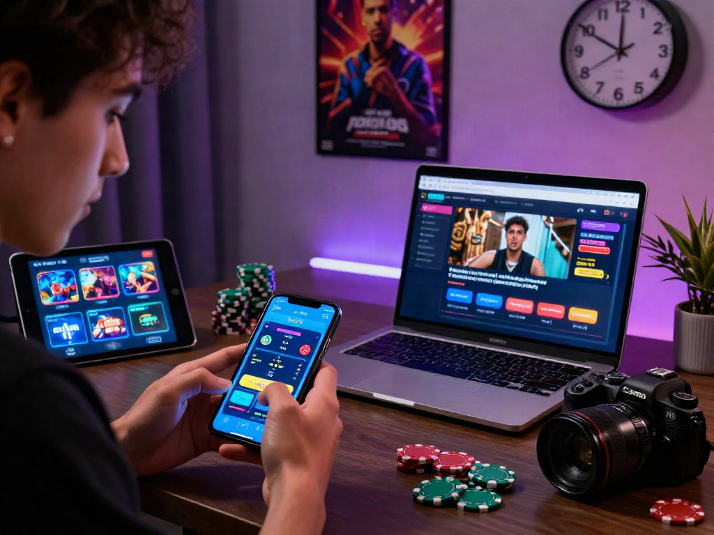 Player using smartphone to access rokok88 daftar in a lively home gaming setup.