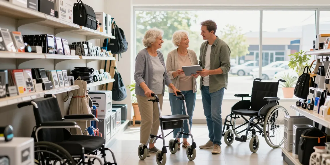 Buy nobility aids in a friendly mobility aids retail store with elderly couple exploring options.