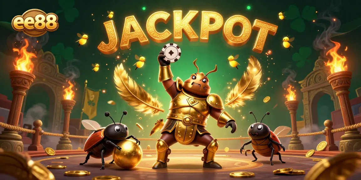 Experience ee88's thrilling jackpot moment as a victorious beetle lifts a poker chip in a colorful, dynamic scene.