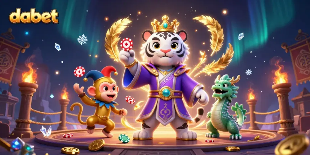 Dabet showcases a vibrant 3D scene with a white tiger, golden monkey, and jade dragon emphasizing online casino excitement and fun.