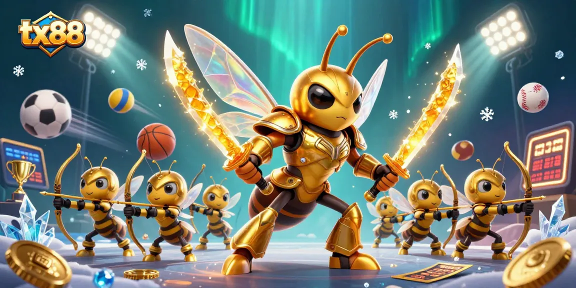 Experience thrilling action with tx88's dynamic 3D cartoon scene showcasing a golden hornet and sports elements.