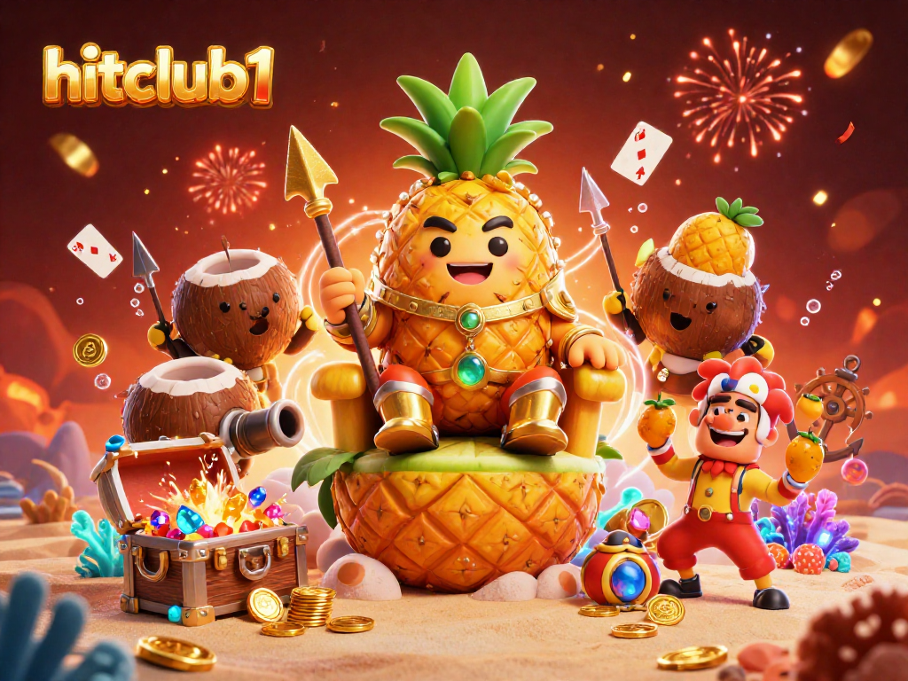 Hitclub1 showcases a vibrant 3D casino scene with a golden pineapple king and dynamic gaming elements.