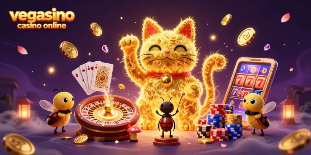 Experience the thrill of vegasino casino online with a vibrant 3D lucky cat scene showcasing exciting games and bonuses.