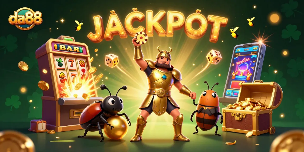 Experience the thrill of da88 with a victorious hercules beetle in a vibrant casino scene.
