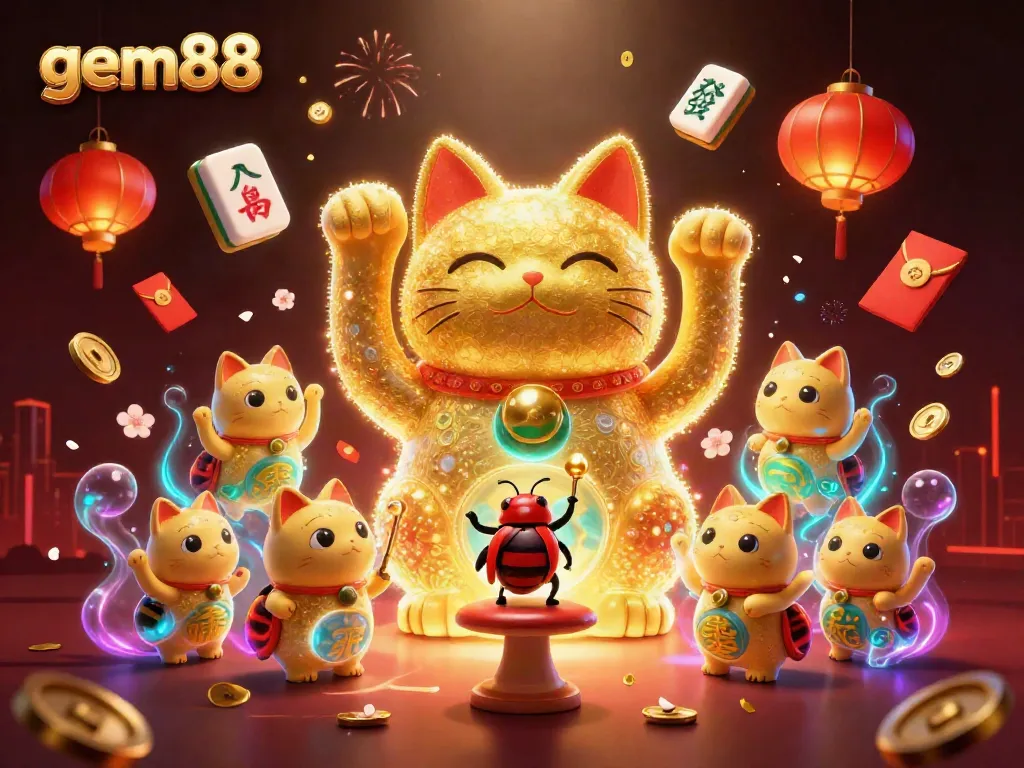 Experience the thrilling world of gem88 as vibrant golden fireflies create a lucky cat surrounded by casino magic.