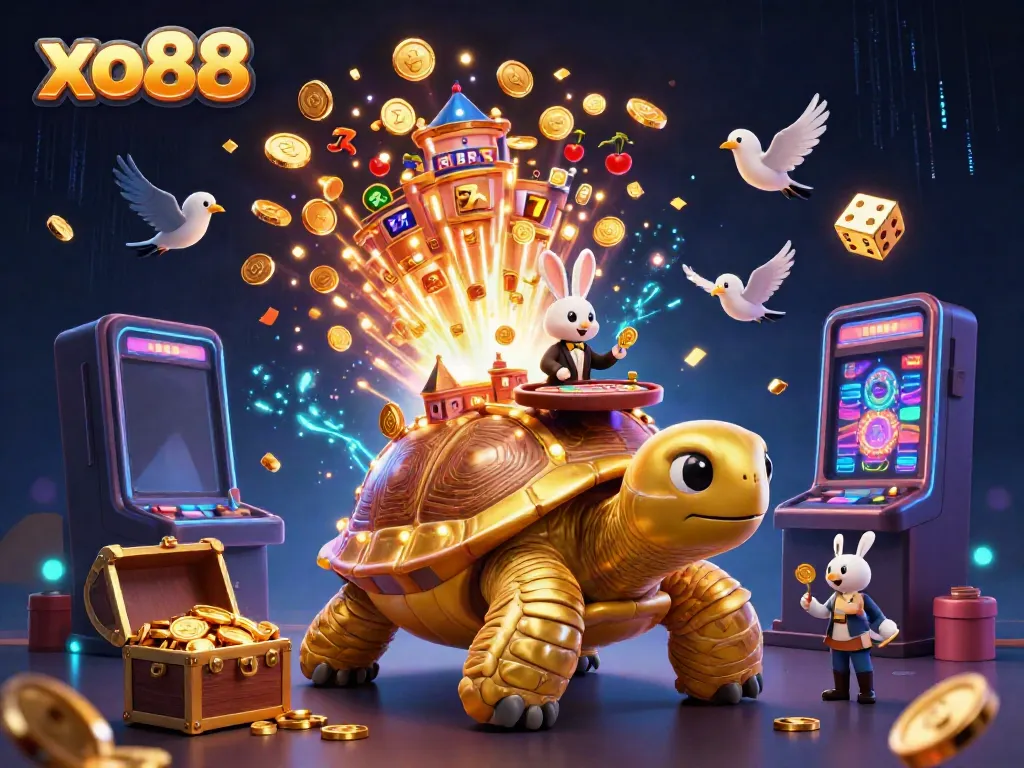 Experience excitement with xo88's golden tortoise casino scene featuring vibrant slot games and a rabbit dealer.