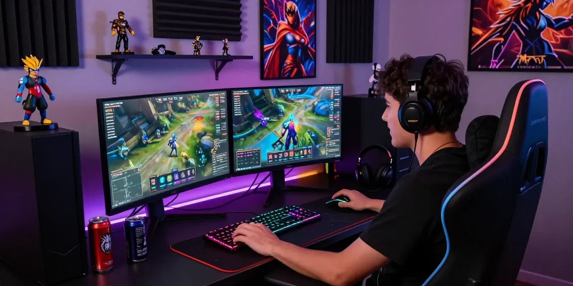 Gamer focused on rokok88 gameplay in a dynamic gaming setup with multiple monitors and RGB lighting.