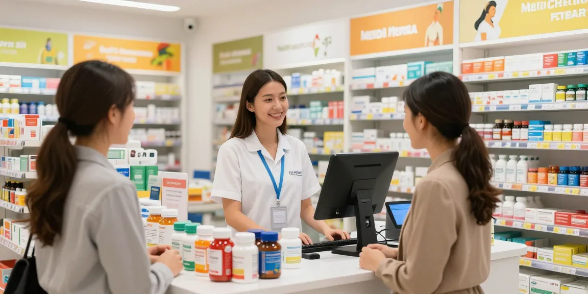 Medi Pharma Shop, der eine einladende Verkaufsumgebung mit Mitarbeitern zeigt, die Kunden in einer modernen Apotheke unterstützen.