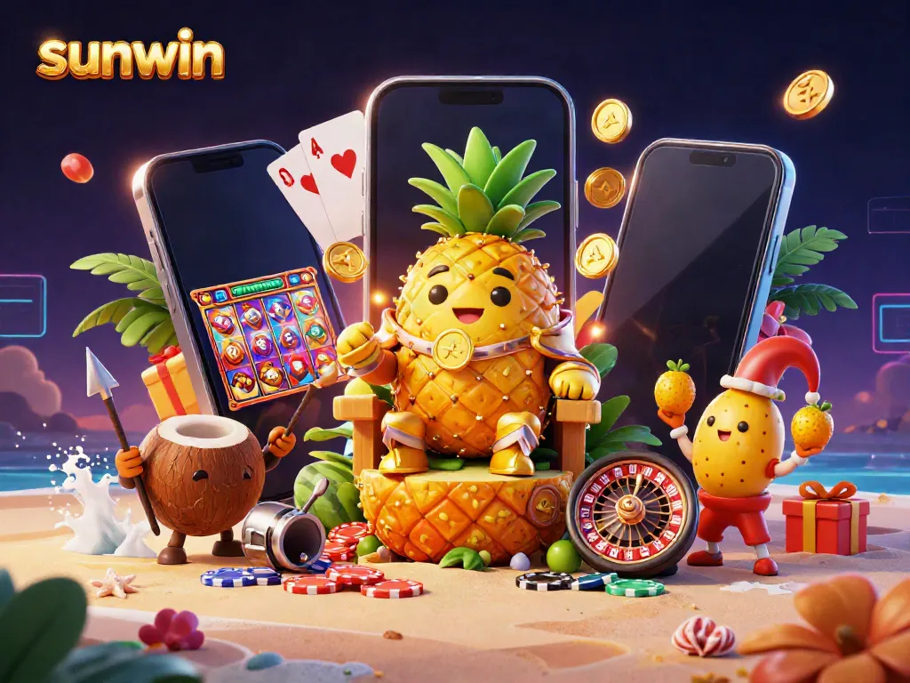 Engage with sunwin's vibrant 3D casino scene featuring the golden pineapple king and dynamic gaming elements.