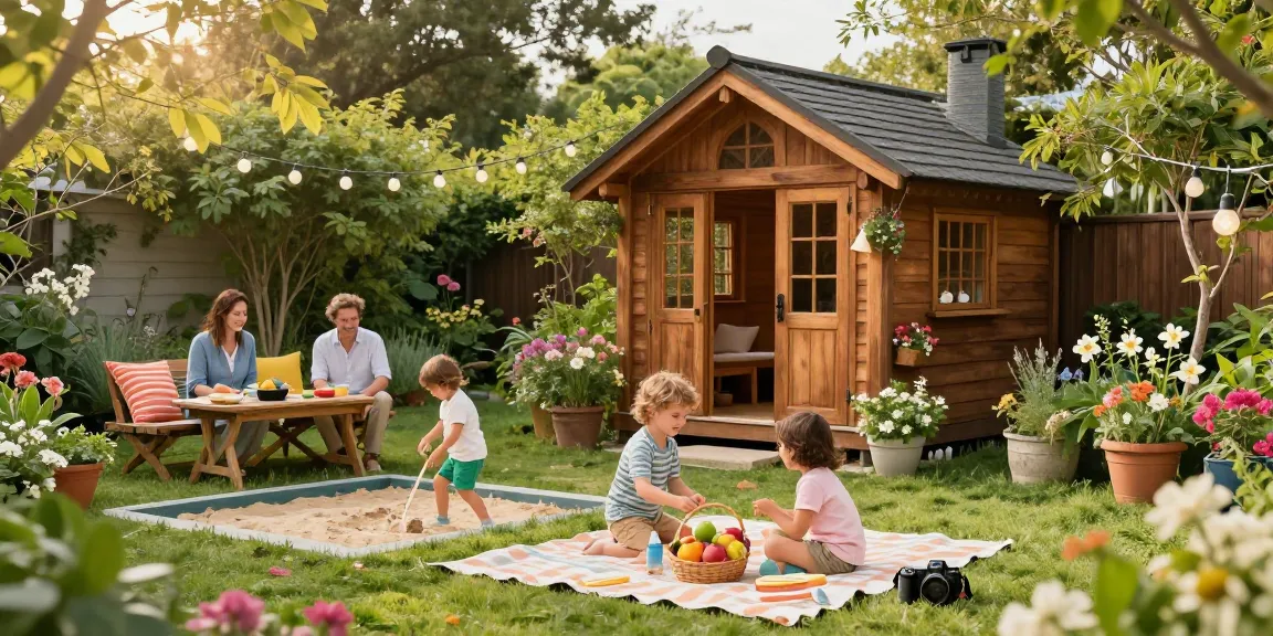 Gartenhäuser aus Holz in einem einladenden Garten mit spielenden Kindern und einer entspannenden Atmosphäre.