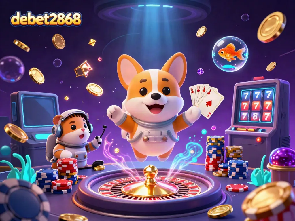 Win big at debet2868 with a vibrant casino scene featuring floating coins and games.