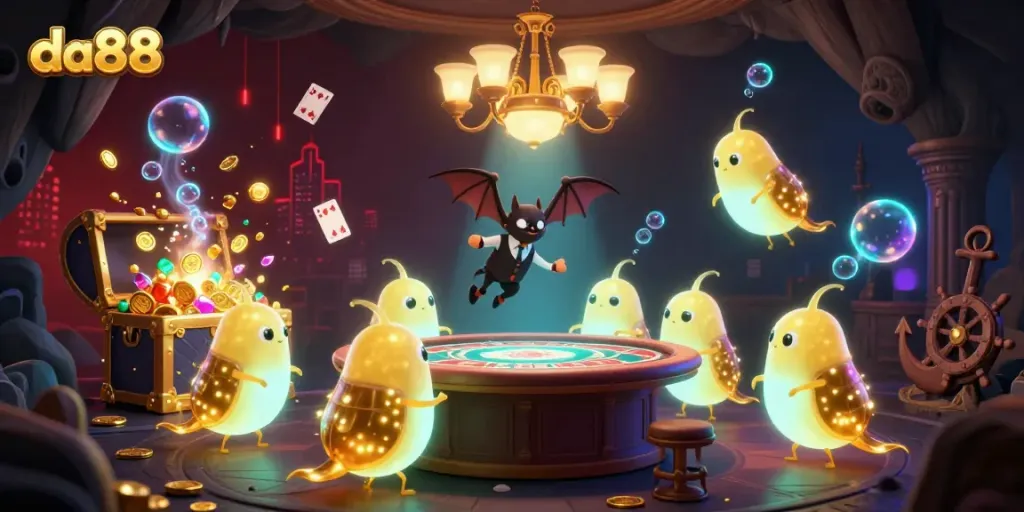 Experience thrilling gaming action at da88 with illuminated glowworm characters in a vibrant casino atmosphere.