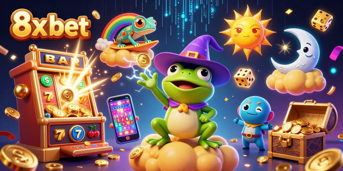 Experience the excitement of 8x bet with a magical 3D casino scene featuring a weather wizard frog and a rainbow chameleon.