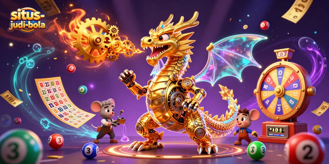 Experience the fun of situs-judi-bola with a golden dragon and lottery elements in vibrant illustration.