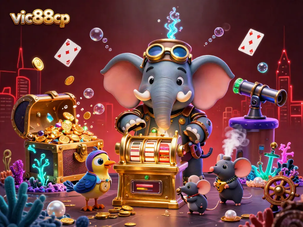 Spin the golden slot machine with a colorful steampunk theme at vic88cp, surrounded by sparkling treasures and vibrant casino elements.