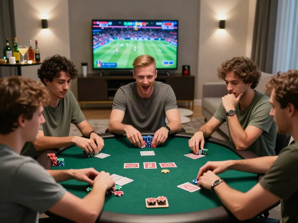 Friends enjoying a lively poker game representing Alternatif Bola88's online gambling experience.