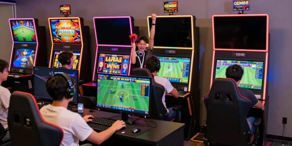 Players celebrating in a colorful gaming lounge at https://gem88.bz/ engaging in live sports betting and casino games.