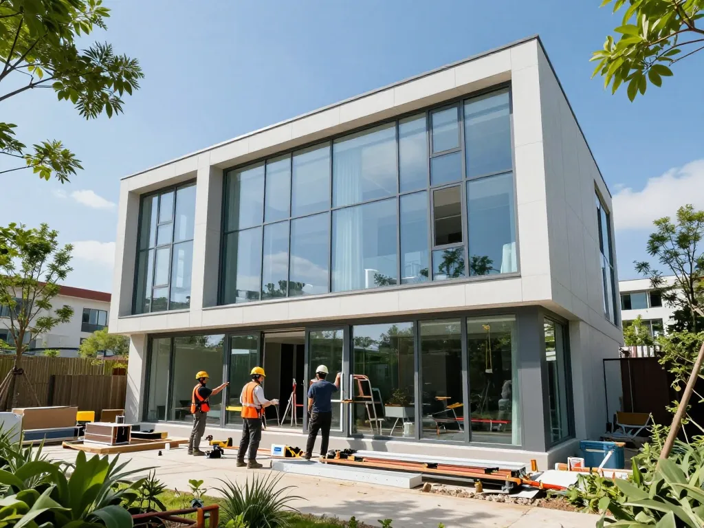 Installation von Fensterbau-Fenstern in einem modernen architektonischen Design, das Energieeffizienz zeigt.
