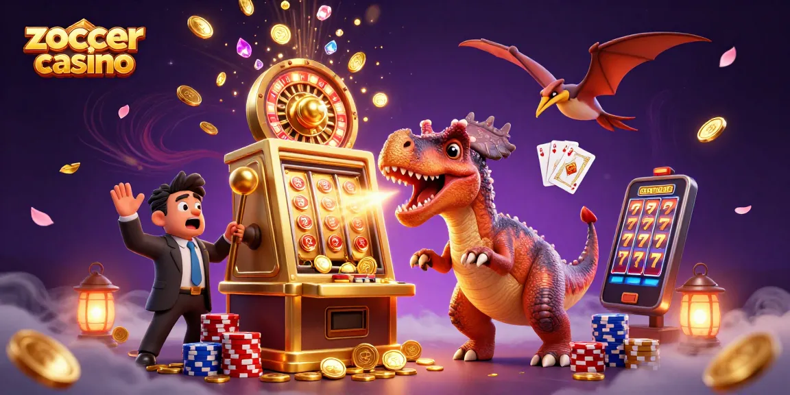 Zoccer casino illustration of a pachycephalosaurus winning jackpots amidst coins and casino elements