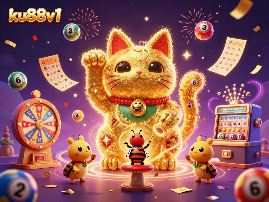 Animated lucky cat shaped by golden fireflies celebrates casino wins at ku88v1 with lively games.