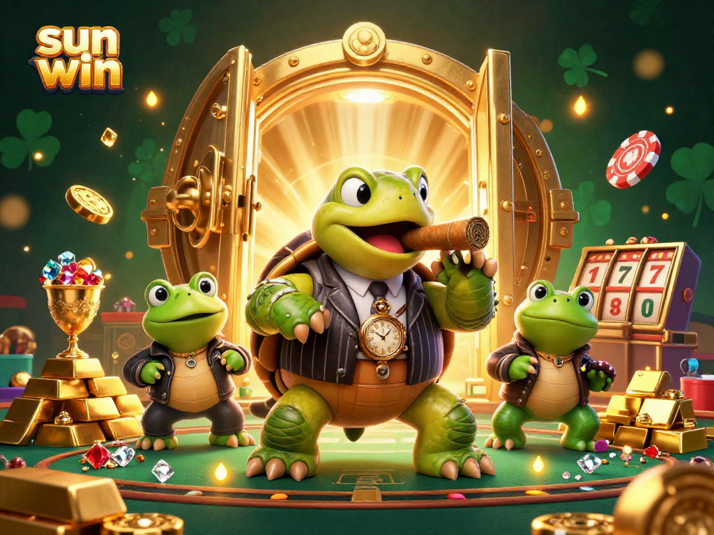Witness a lavish casino scene with the sun win turtle and bullfrog enforcers amidst treasures and assets.