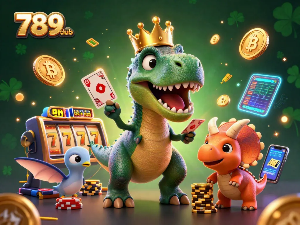Engage with 789club featuring T-Rex and pterodactyl in a vibrant casino scene filled with gaming elements.