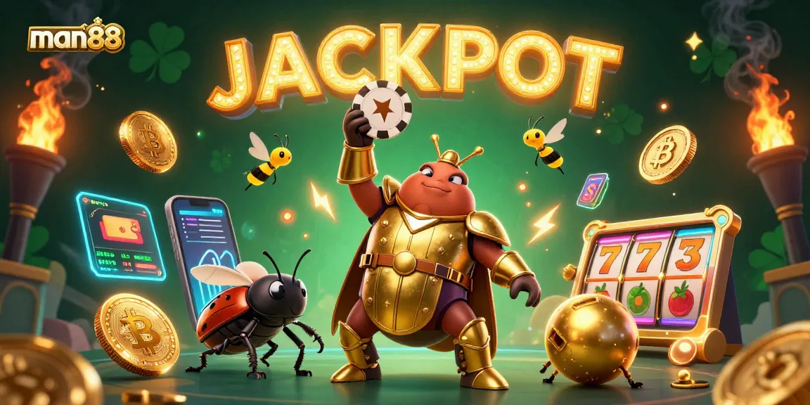 Join the thrilling action at man88 with a heroic beetle celebrating jackpot wins amidst blockchain riches.
