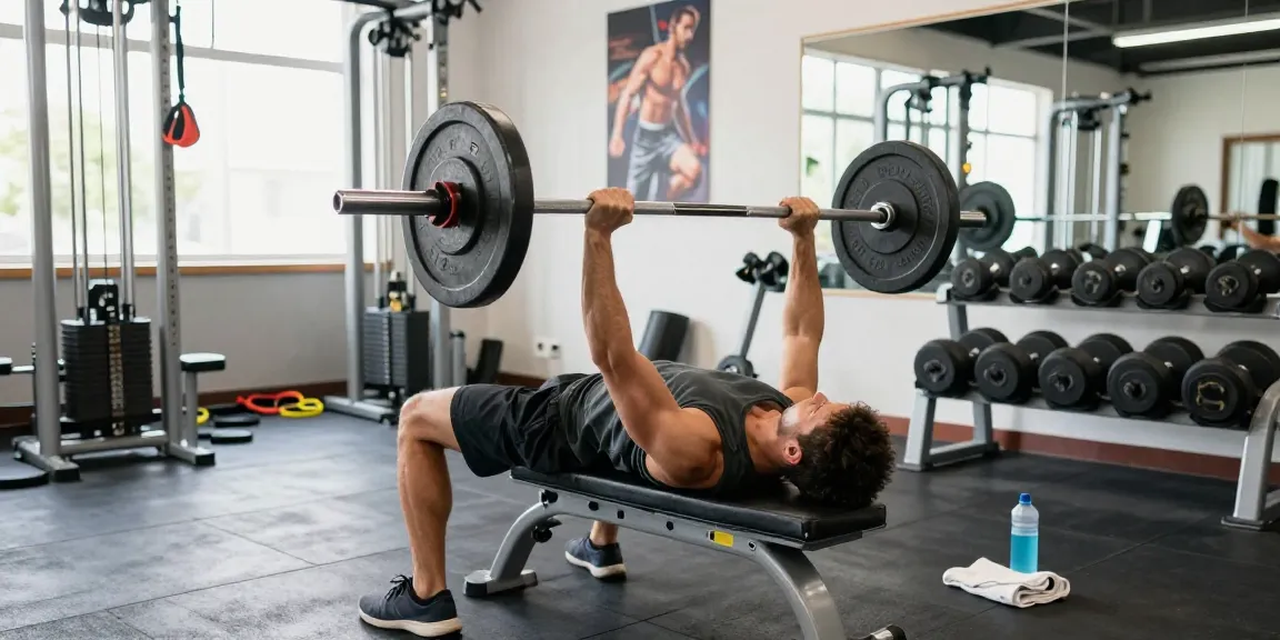 Energiegeladenes Workout im Anabolika Shop mit Bodybuilder, der Bankdrücken ausführt, um Muskelmasse aufzubauen.