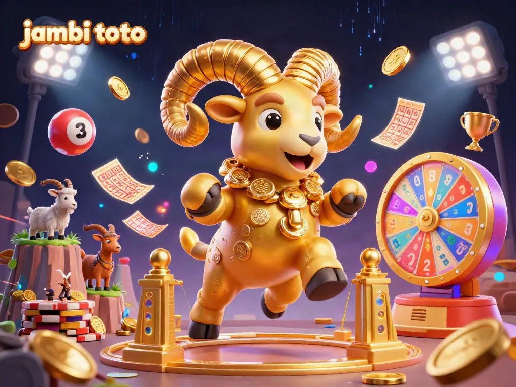 Experience the excitement of jambi toto with a vibrant lottery scene featuring golden ram, balls, and prizes.