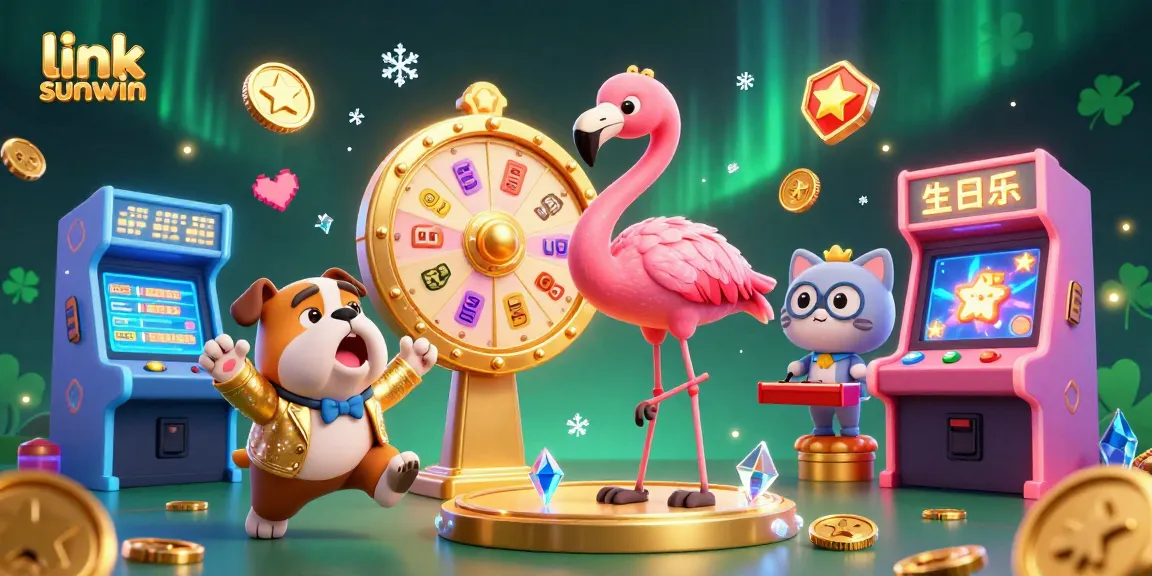 Engage with link sunwin's vibrant gaming atmosphere featuring a prize wheel and animated characters.