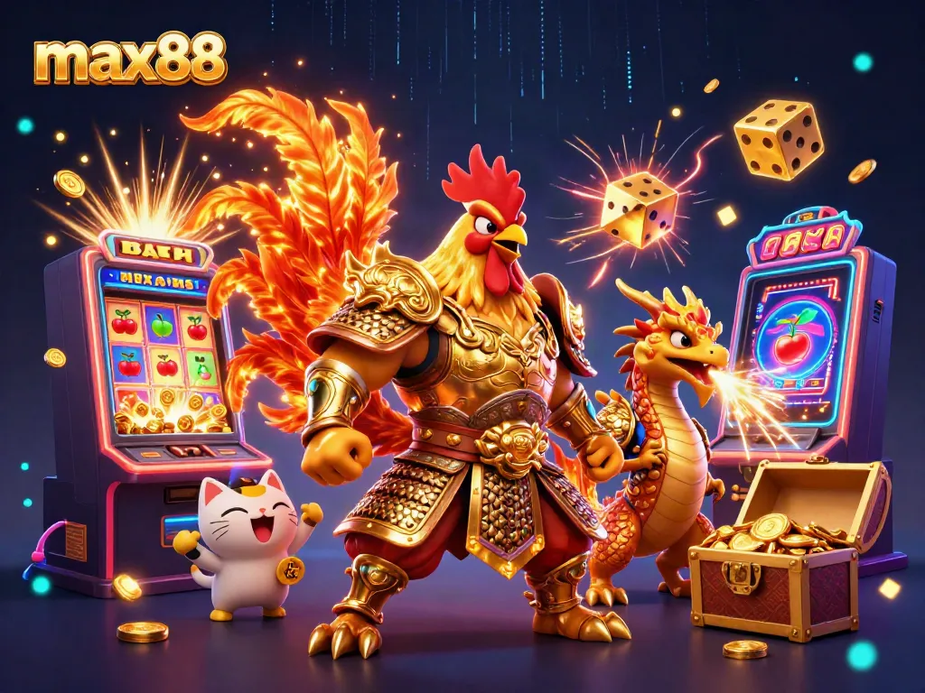 Engage with max88's dynamic casino experience featuring a samurai rooster and dragon amidst a jackpot explosion.