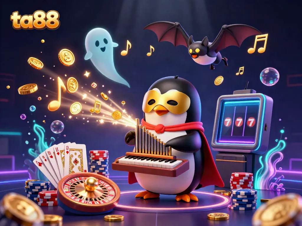 Engage with ta88's vibrant online casino experience featuring a whimsical penguin, bat acrobat, and golden coins.