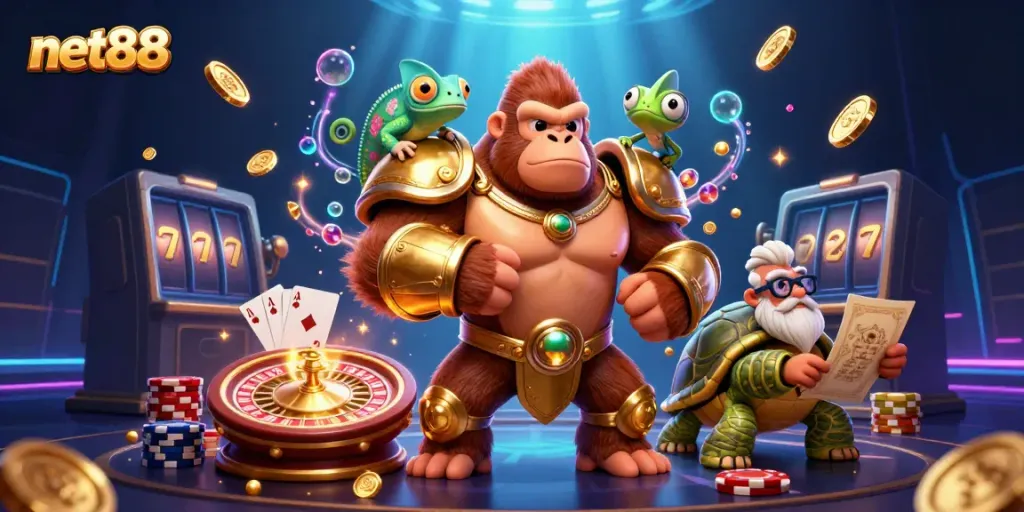 Experience thrilling gameplay with net88, featuring a casino king, spy chameleon, and wise tortoise in an exciting scene.
