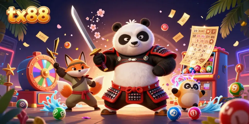 Engage with tx88's vibrant casino adventure featuring a samurai panda and ninja fox in action.